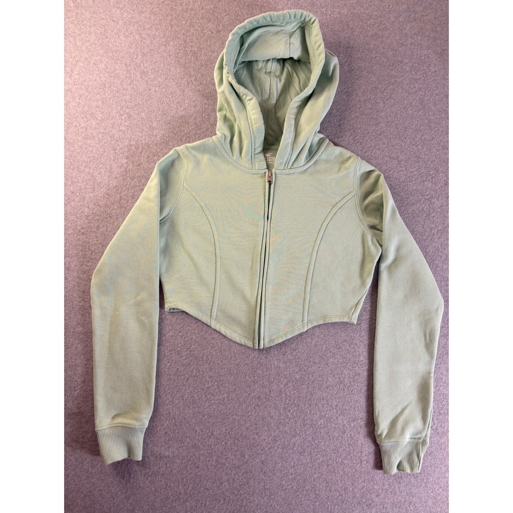 Hollister Womens XS Sage Green Cropped Zip Up Hoodie Curved‎ Hem Fleece 352F2652